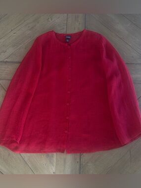 Eileen Fisher Linen Red Mandarin Collar Long Sleeve Top Gauze-y Purist Sheer M